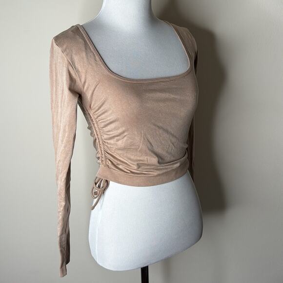 Zara Taupe Ruched Long Sleeve Tee - Picture 4 of 10